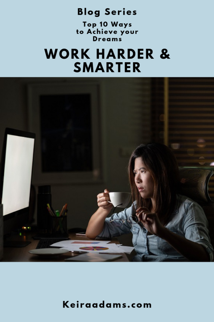 Woman working on desktop computer after dark and drinking coffee "Top 10 ways to achieve your dreams - Work harder & smarter"